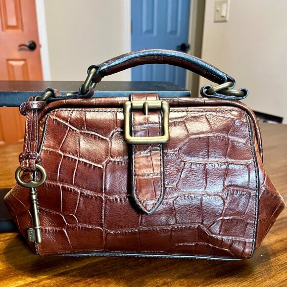 Vintage Fossil VRV Brown Leather Croc Embossed Handbag Crossbody Purse - Picture 2 of 10